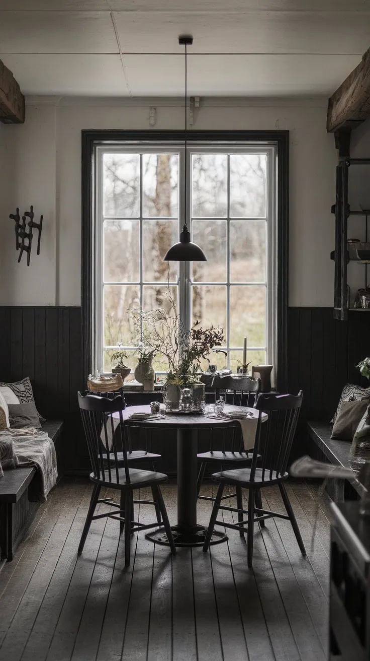This moody Scandinavian dining room features a captivating black and white wood interior, rustic wooden furniture, and a large window that connects the earthy ambiance with nature.