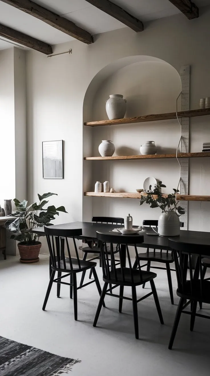 This moody Scandinavian dining room showcases a striking black and white color scheme with rustic wooden elements, perfect for inspiring moody dining room organization and ideas for both small and large spaces.