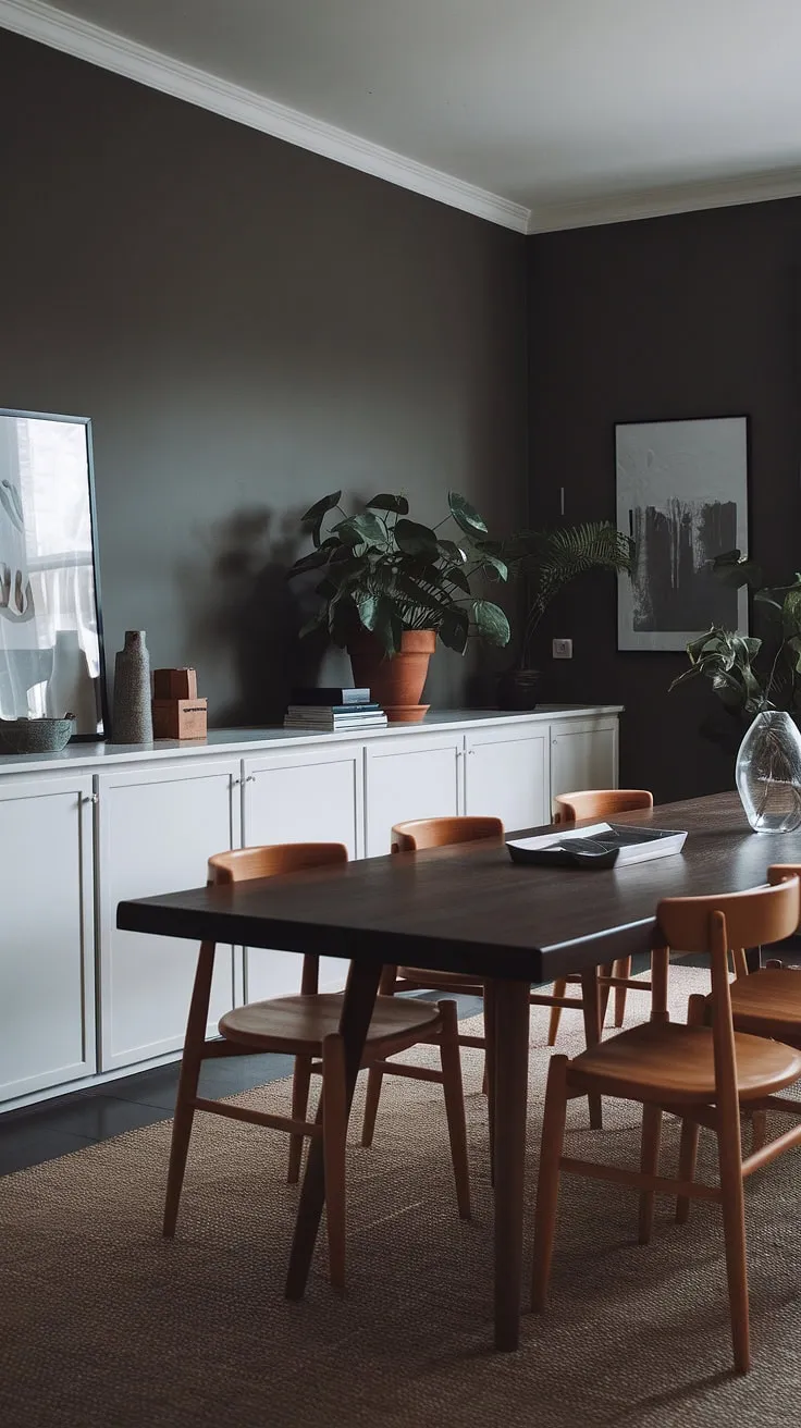 This moody Scandinavian dining room features a long wooden table, dark grey walls, and earthy accents, making it a perfect inspiration for moody dining room organization in both small and large spaces.