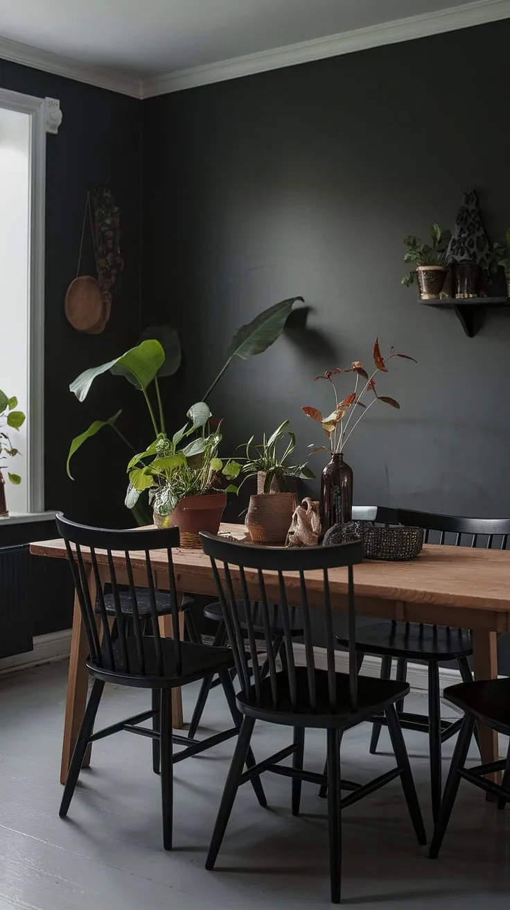 With its earthy tones and dark accents, this moody Scandinavian dining room showcases a stylish blend of modern cottage aesthetics and functional design for both small and large spaces.