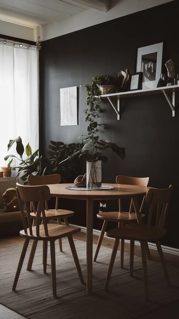 This moody Scandinavian dining room features a wooden table and chairs against a black wall, complemented by soft lighting and earthy decor, making it an ideal inspiration for moody dining room organization in both small and large spaces.