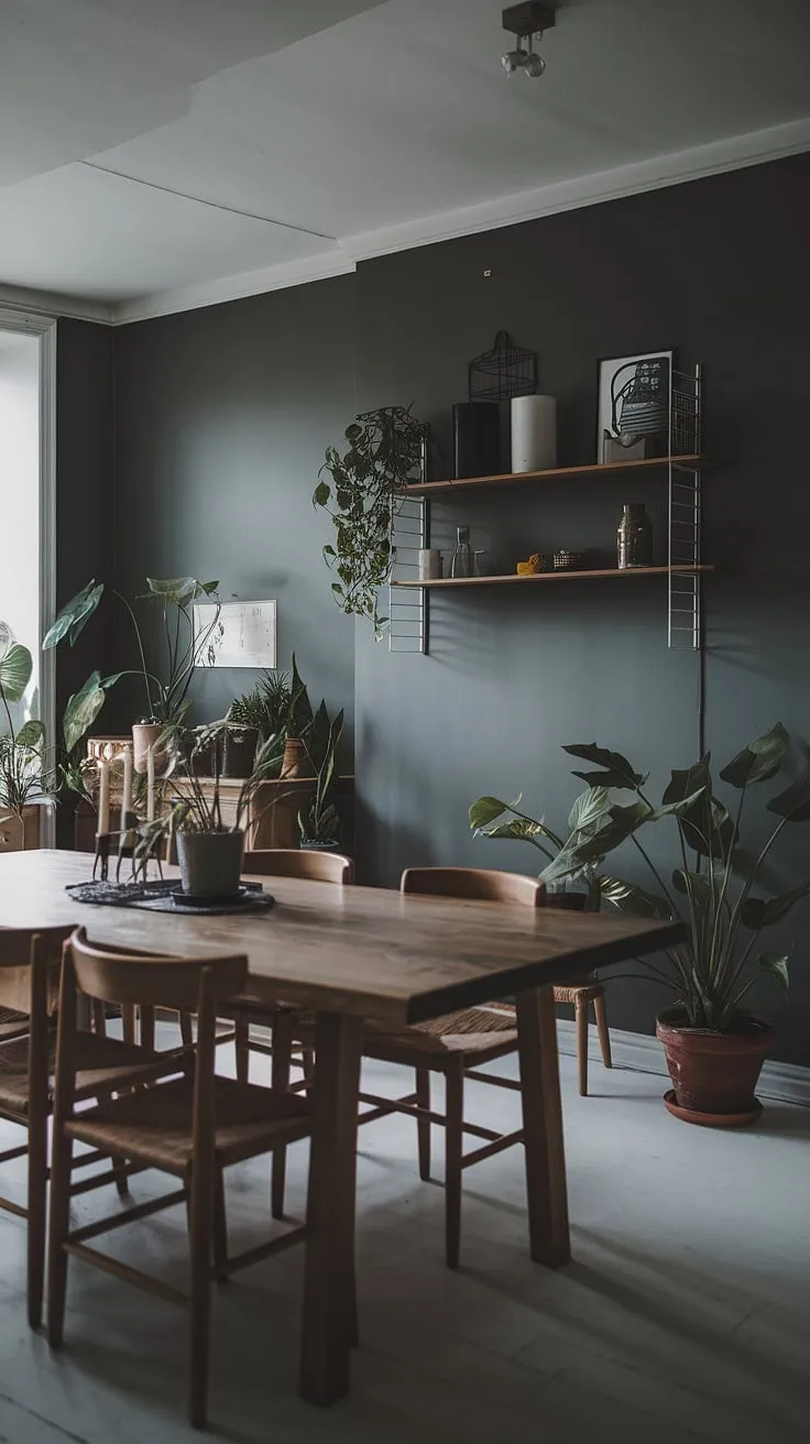 This moody Scandinavian dining room features a large wooden table, dark gray walls, and natural light, making it a perfect example of earthy moody dining room organization.