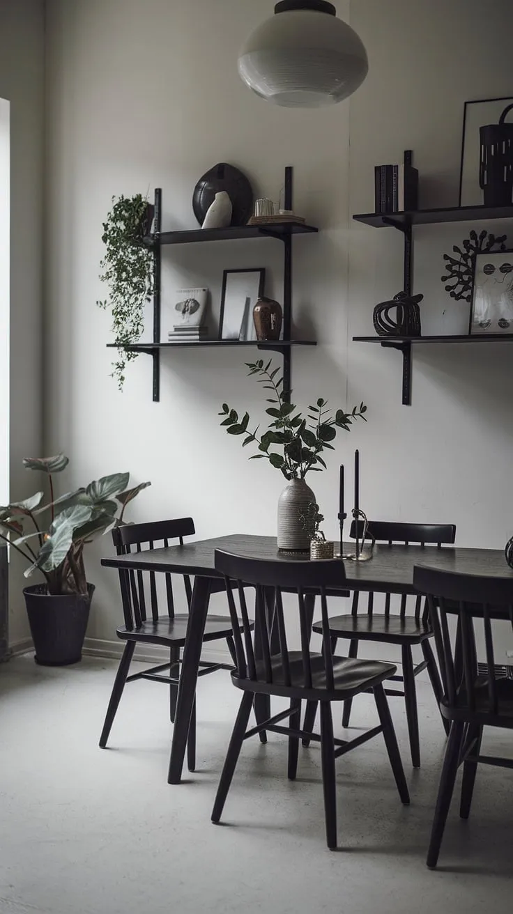 This moody Scandinavian dining room features a long wooden table surrounded by black chairs, complemented by white walls and soft lighting, making it an ideal inspiration for moody dining room organization and design ideas across various styles.