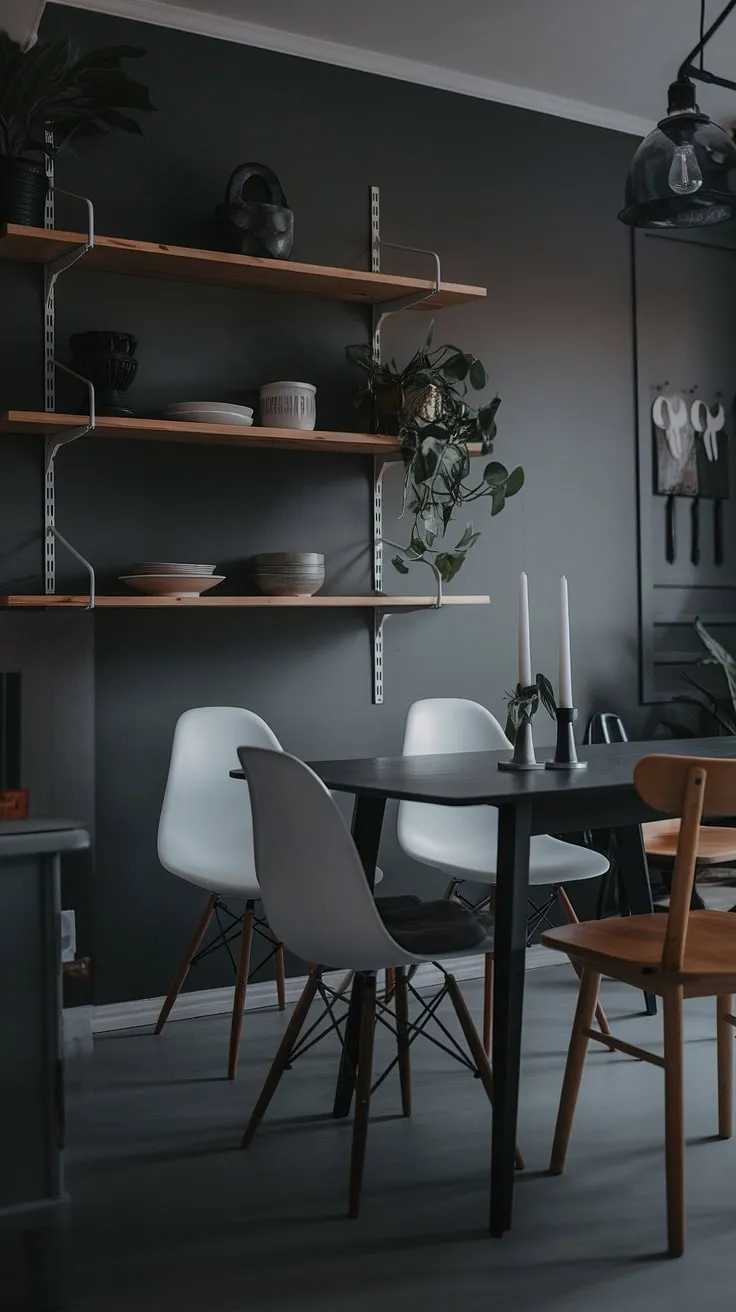 With its dark tones and soft lighting, this moody Scandinavian dining room exemplifies modern cottage style while inspiring ideas for both small and large moody dining rooms.