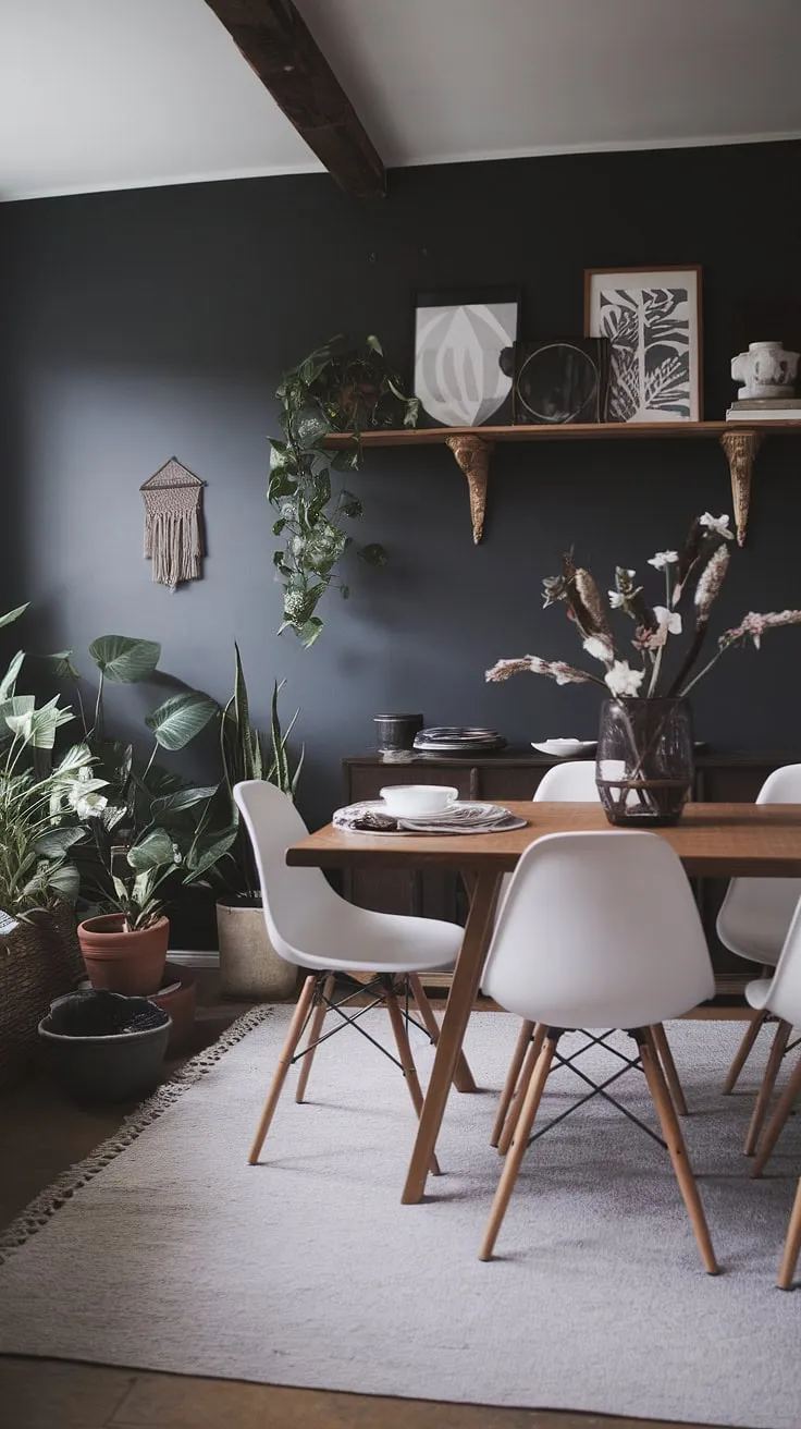 With its dark gray walls, wooden beams, and light gray rug, this moody Scandinavian dining room beautifully blends elements of modern cottage style and earthy tones.