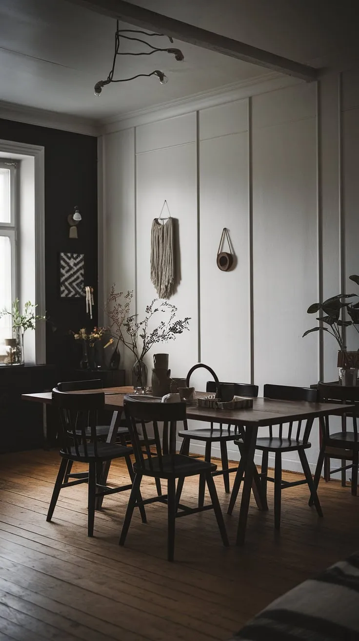 The moody black, white, and wood interior of this Scandinavian dining room, complete with a large wooden table and soft lighting, captures the essence of moody modern cottage dining room aesthetics while providing ideas for moody dining room organization.