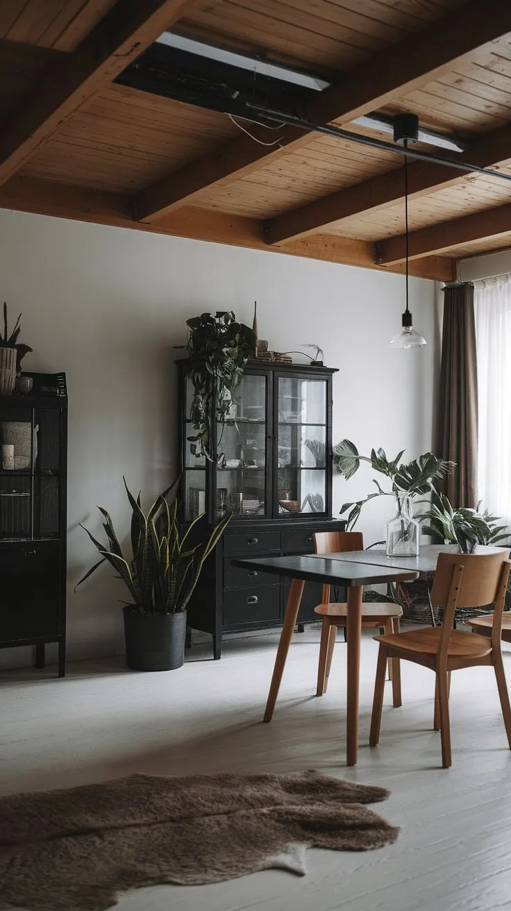 This moody Scandinavian dining room features a wooden table and chairs, a black cabinet, and earthy accents like a potted plant and sheepskin rug, creating a stylish atmosphere perfect for both small and large dining room ideas.