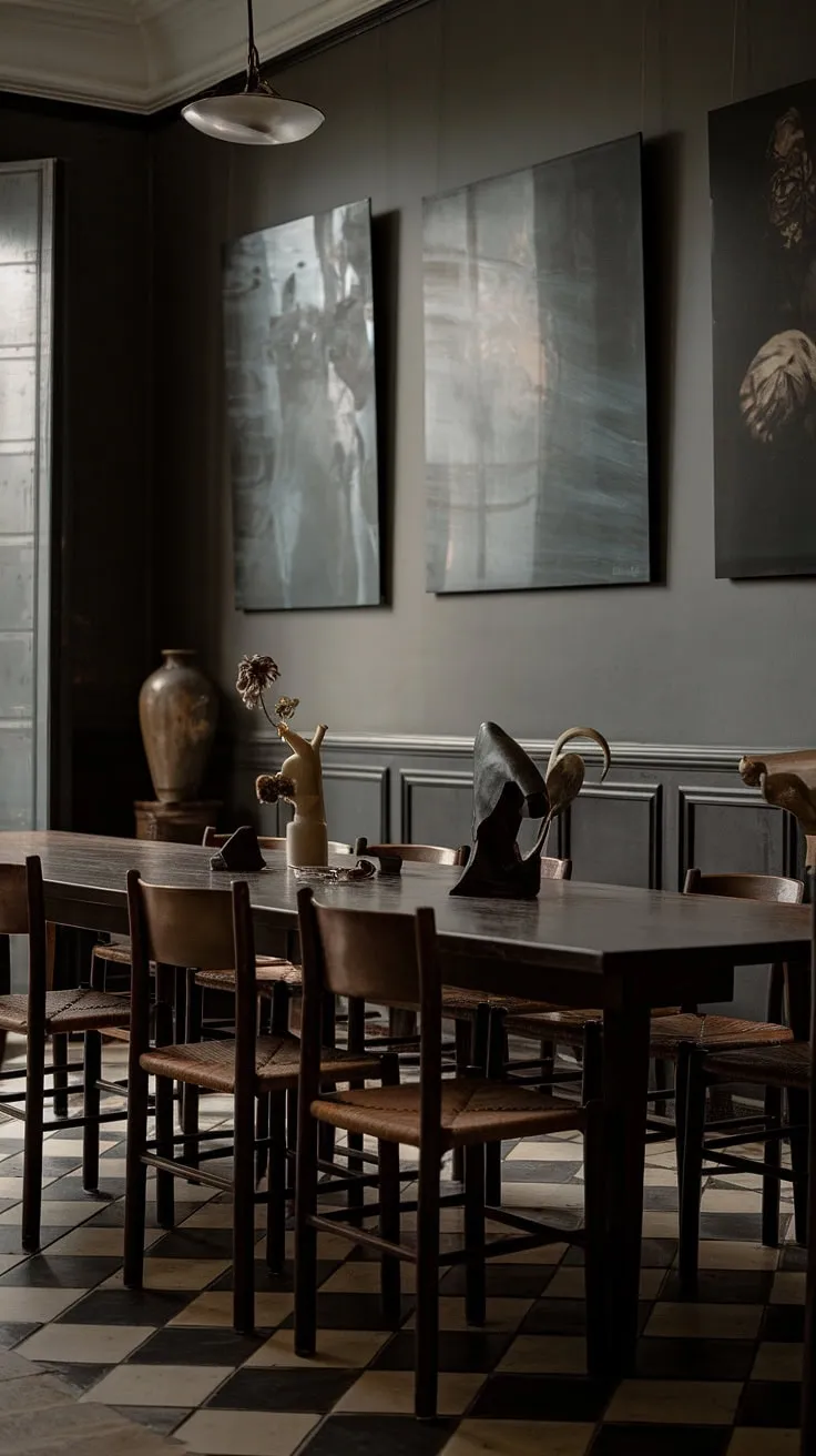 This moody European dining room features a long wooden table under a striking light fixture, dark grey walls adorned with artwork, and a black and white checkered floor, perfect for inspiring moody Scandinavian, Japanese, and modern cottage dining room ideas.