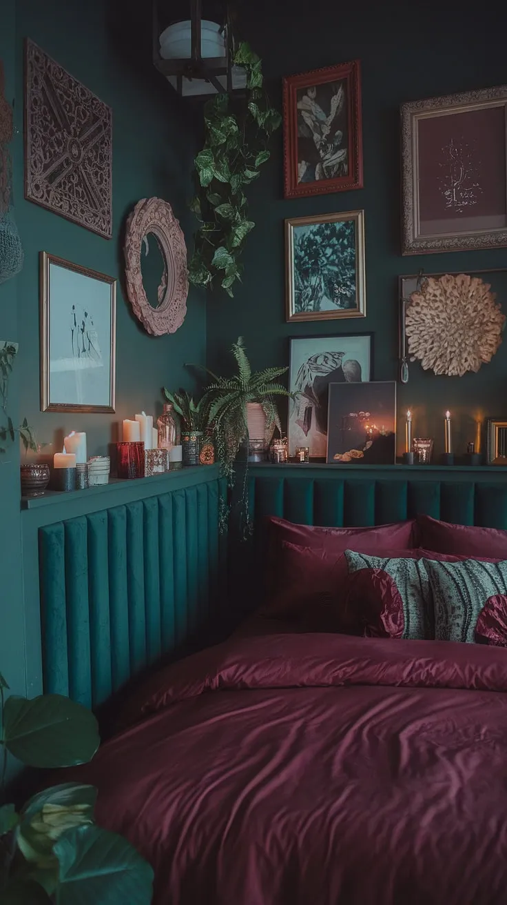 The dark green moody room showcases a corner bed wall idea, blending maximalism with dusty rose and cranberry accents for a strikingly atmospheric space.