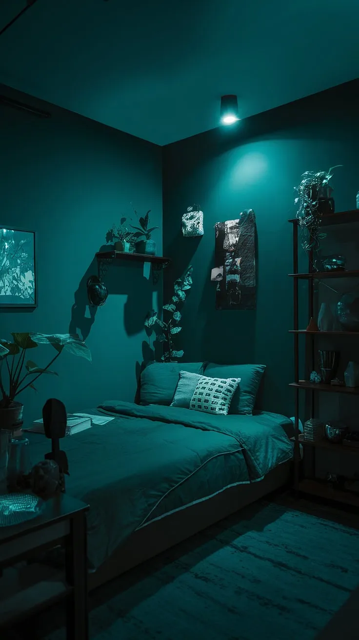 The dark green maximalist bedroom showcases a corner bed wall idea, blending modern forest elements with a moody electric vibe, perfect for a cozy night in.