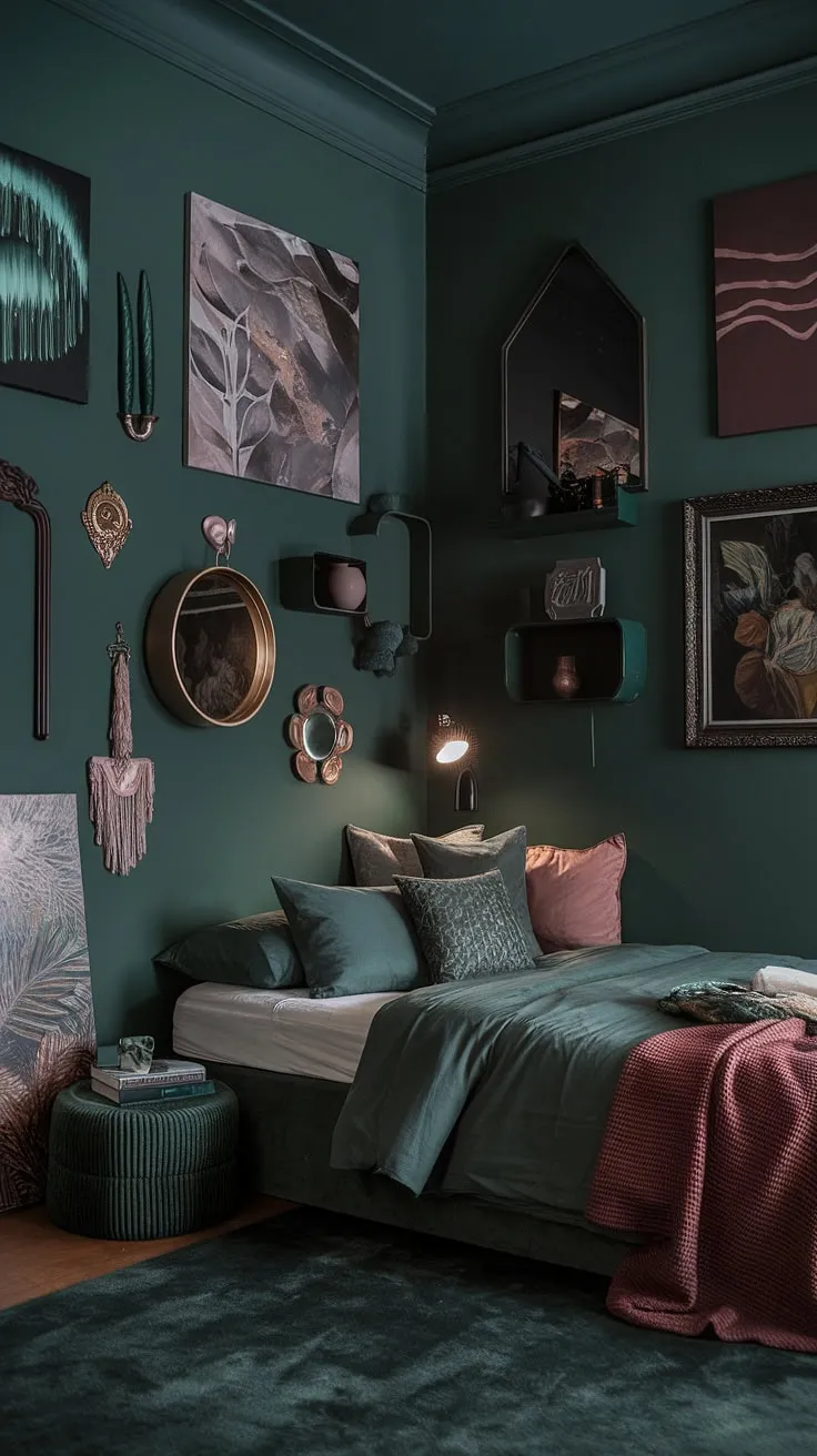 This moody eclectic bedroom features a corner bed wall idea with dark green maximalist decor, dusty rose accents, and a modern forest vibe, illuminated by a lamp and adorned with various decorative items.