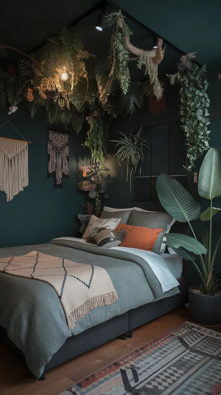 This moody eclectic bedroom showcases a corner bed wall idea with dark green maximalism, blending modern forest elements and vibrant cranberry accents for a captivating dark bedroom at night.