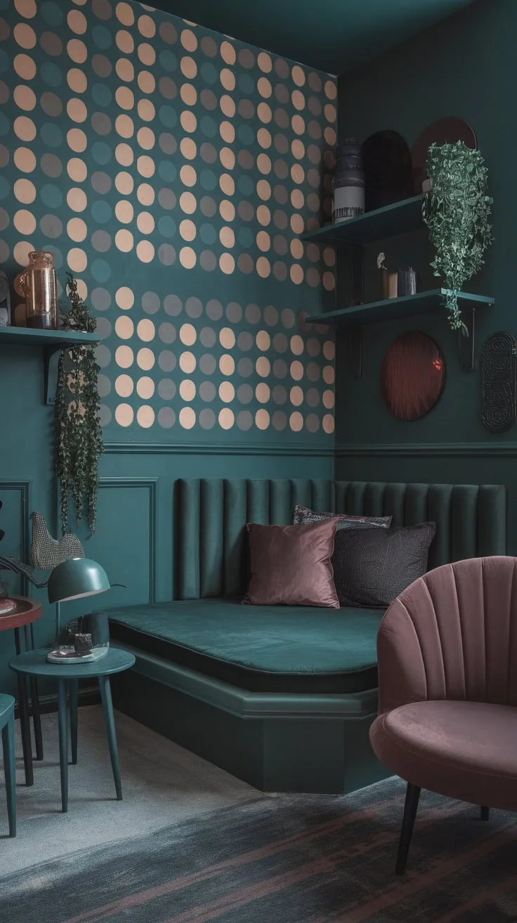 The dark green moody room features a corner bed and a striking wall of dark green and dusty rose circles, embodying modern forest aesthetics with a cozy, eclectic vibe.