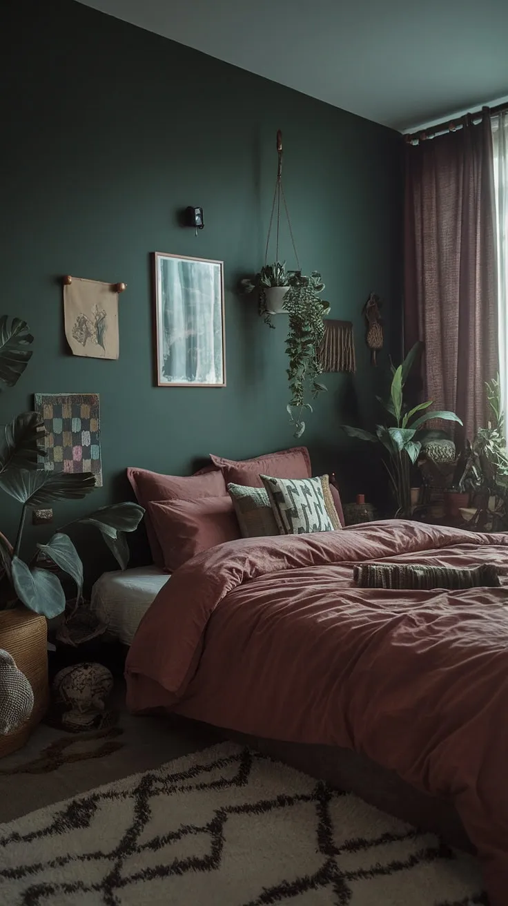 The moody electric bedroom showcases a corner bed against a dark green wall, complemented by a dusty rose bed and eclectic decor, embodying the essence of modern forest and cranberry bedroom ideas.