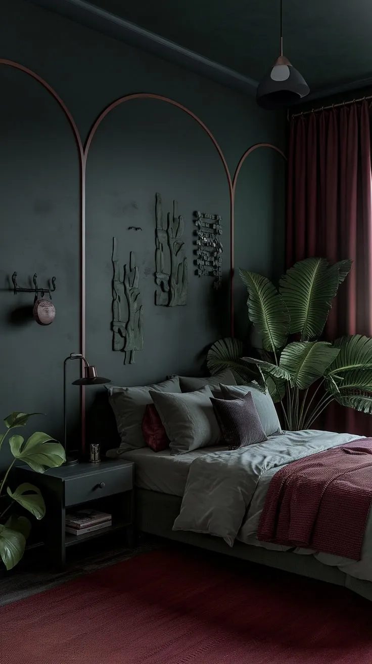 This moody eclectic bedroom showcases a corner bed wall idea with dark green maximalist decor, dusty rose accents, and a cranberry rug, creating a captivating modern forest atmosphere.