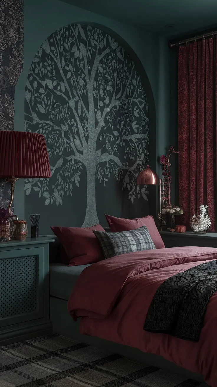 This moody eclectic bedroom features a dark green wall and corner bed, showcasing maximalist style with dusty rose accents and a forest theme, creating a dark, inviting atmosphere at night.