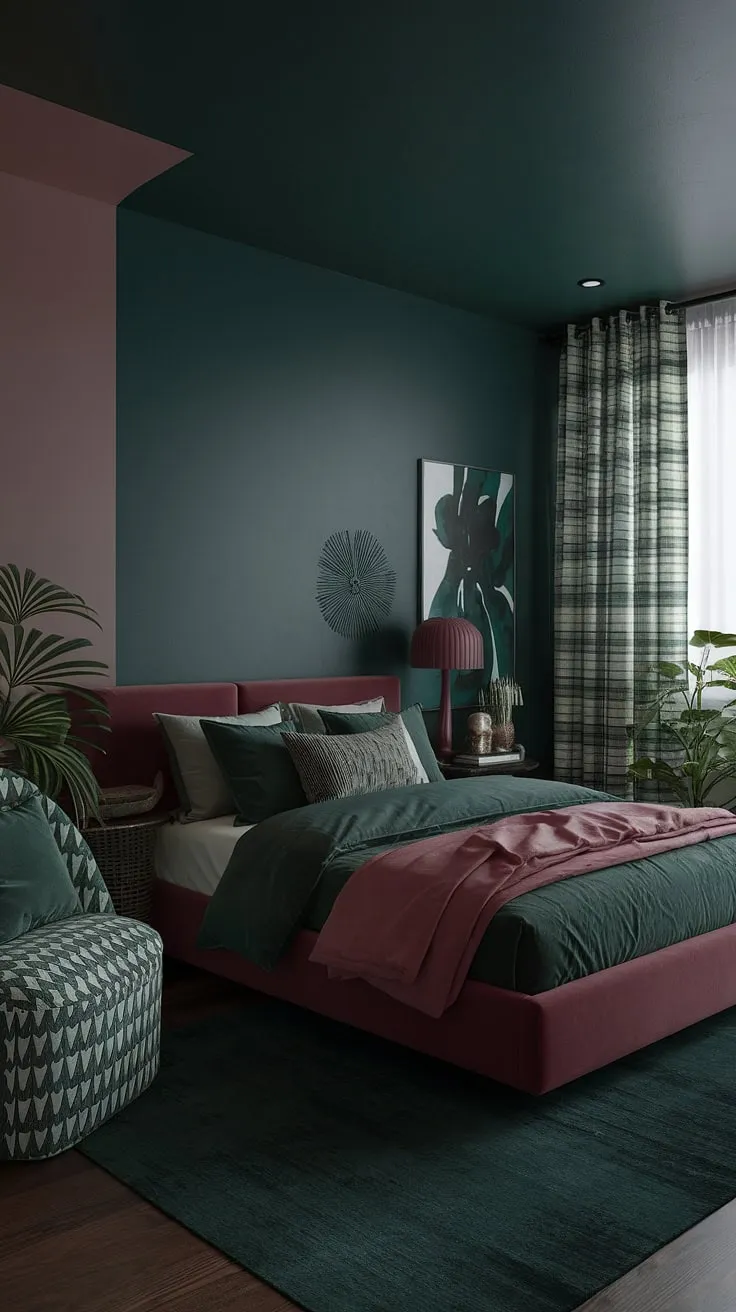 The dark green moody room showcases a corner bed wall design, complemented by a cranberry bed frame and eclectic decor, embodying a modern forest vibe with hints of dusty rose.