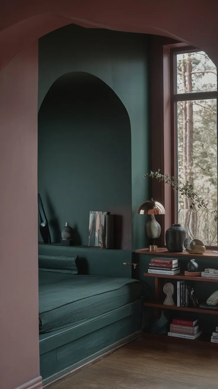 The dark green moody room showcases a corner bed, a forest view, and a dusty rose accent wall, creating a captivating modern forest bedroom atmosphere.