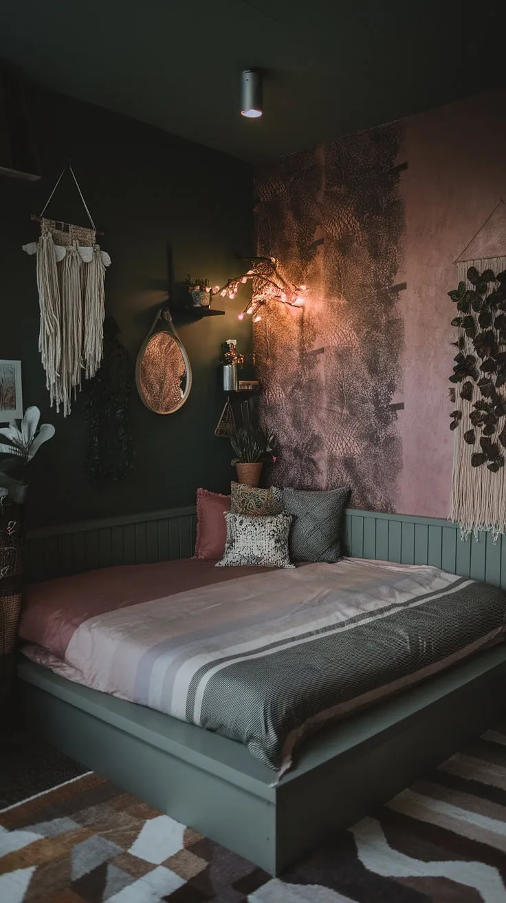 The dark bedroom at night showcases a unique blend of moody maximalism with cranberry and dusty rose accents, highlighted by a corner bed and nature-inspired decor.