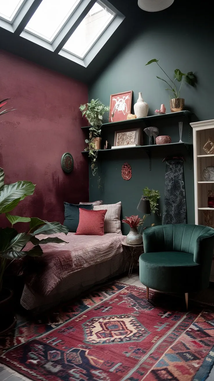 This moody eclectic bedroom features a dark green wall and corner bed under a skylight, accented with dusty rose, cranberry decor, and a blend of modern and vintage elements for a striking maximalist aesthetic.
