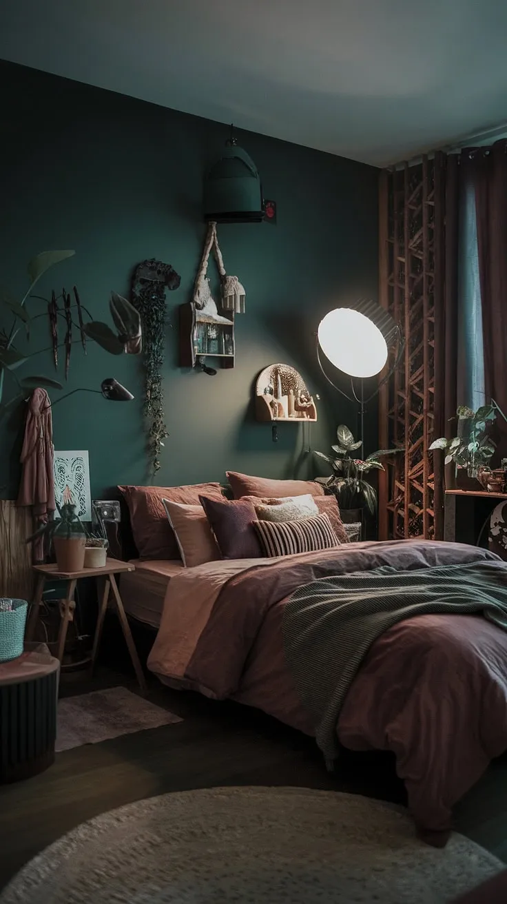 The dark green moody room showcases a corner bed wall idea, blending maximalism with dusty rose accents and a modern forest aesthetic, creating a captivating atmosphere at night.