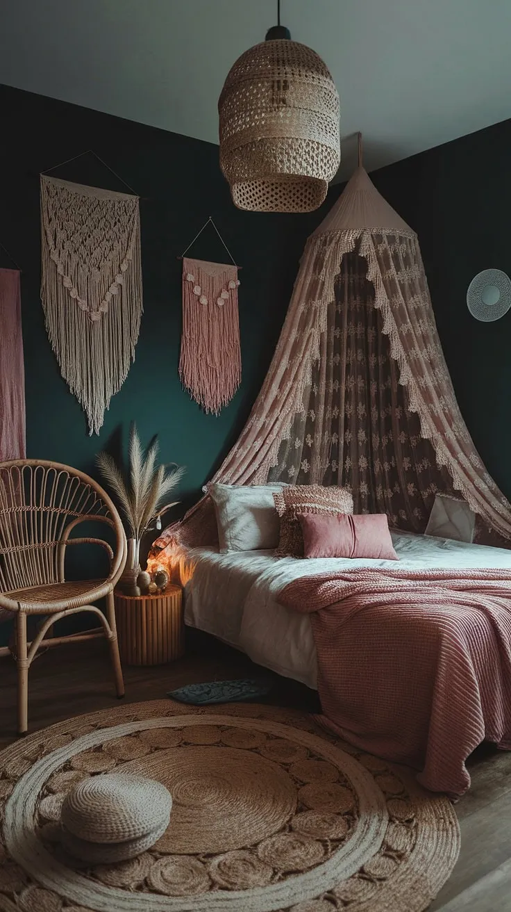 The dark green maximalist bedroom showcases a corner bed wall idea adorned with boho-chic decor and soft lighting, perfect for a cozy night in.