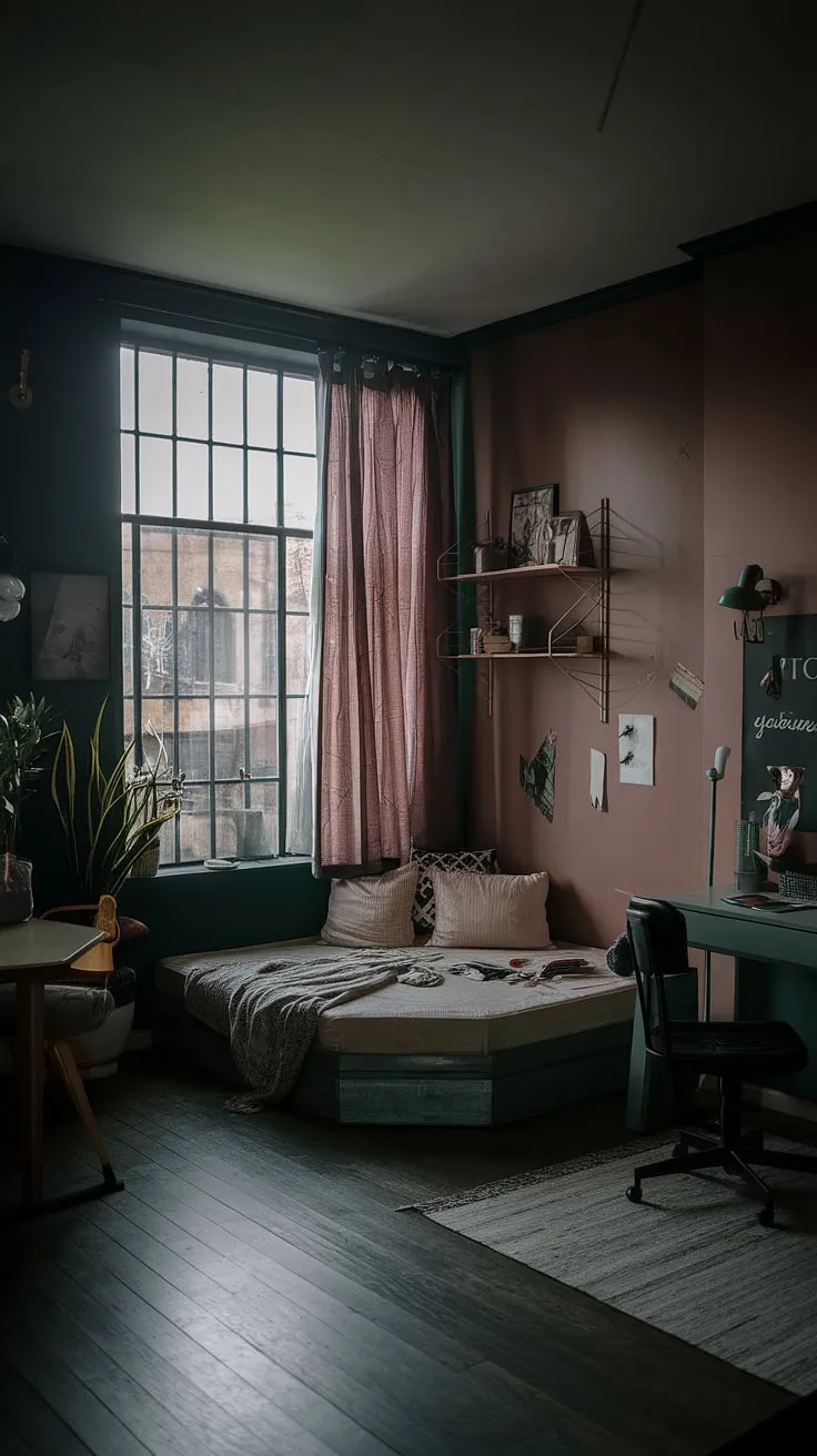 The dark green maximalist bedroom showcases a corner bed against a dark wall, accented by dusty rose elements, evoking a moody electric ambiance perfect for nighttime relaxation.