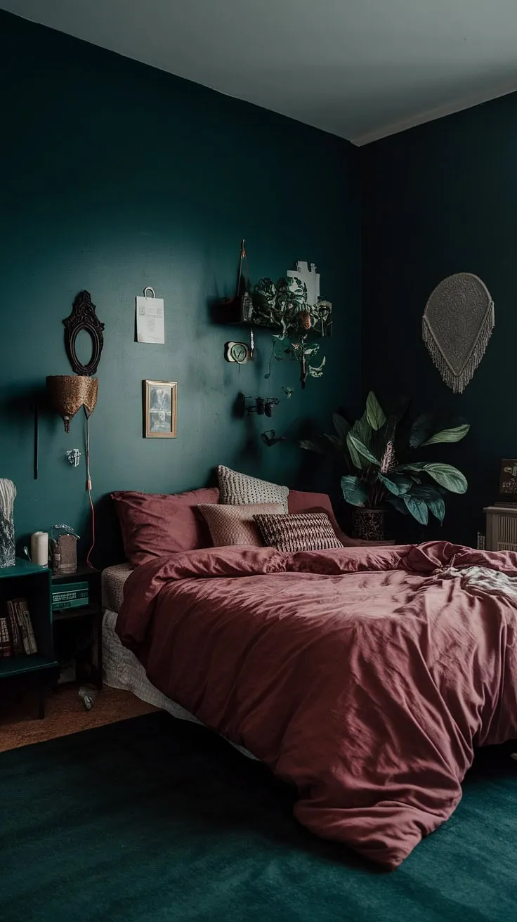 The dark green maximalist bedroom showcases a corner bed against a rich green wall, accented with a dusty rose bedspread and eclectic decor, creating a captivating dark bedroom at night.