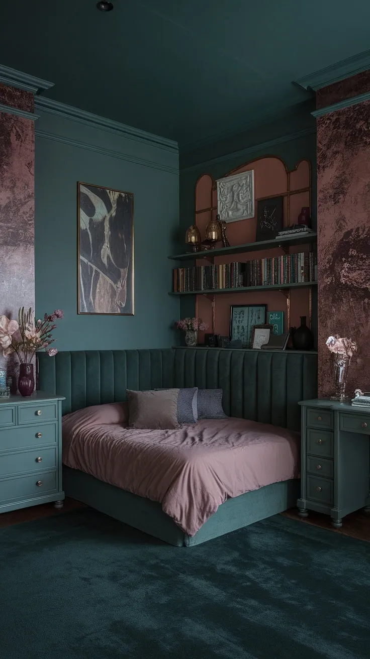 This moody eclectic bedroom features a corner bed wall idea with dark green maximalism, accented by dusty rose elements, creating a cozy dark green and cranberry atmosphere at night.