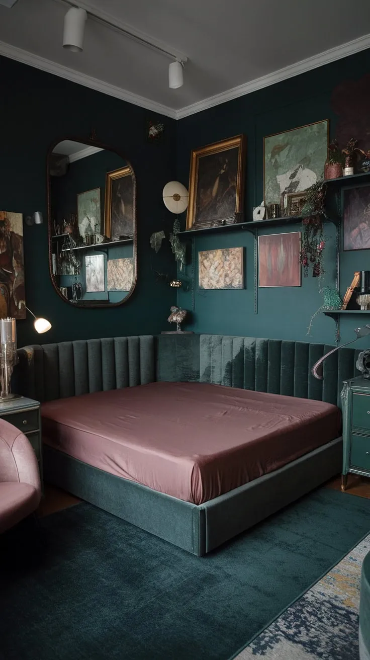 The dark green moody room features a corner bed, vibrant decor, and a harmonious blend of dark green and dusty rose elements, creating a captivating modern forest bedroom vibe.
