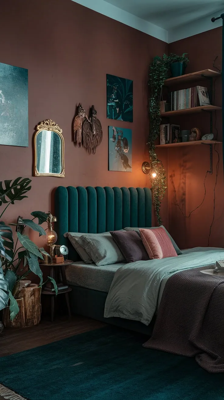 The moody maximalism of this dark green bedroom at night, adorned with cranberry accents and eclectic decor, transforms the space into a cozy retreat filled with personality.