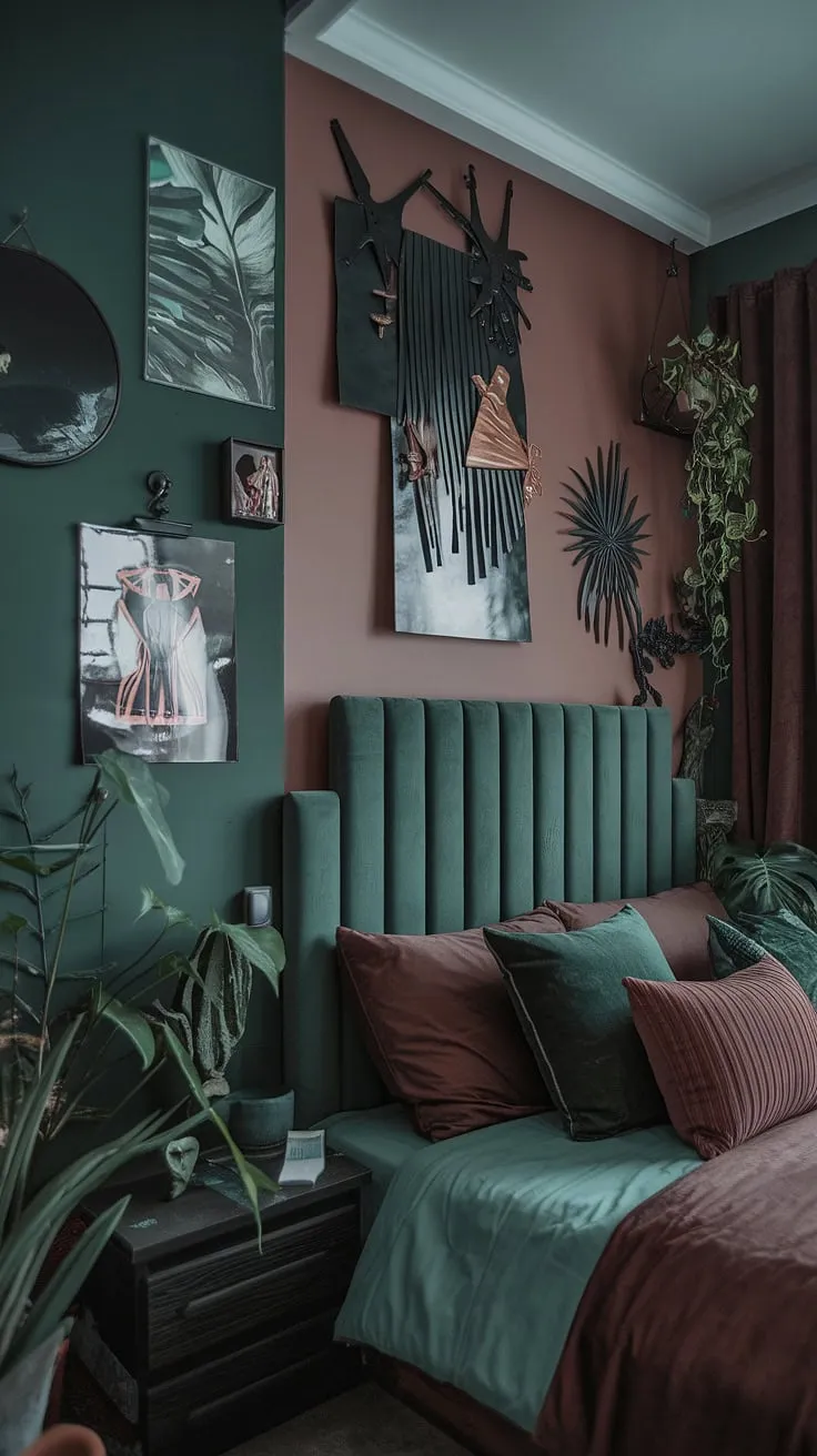 The dark green moody room, adorned with art and plants, captures the essence of a moody maximalist bedroom with its unique corner bed wall and cranberry bedroom ideas.