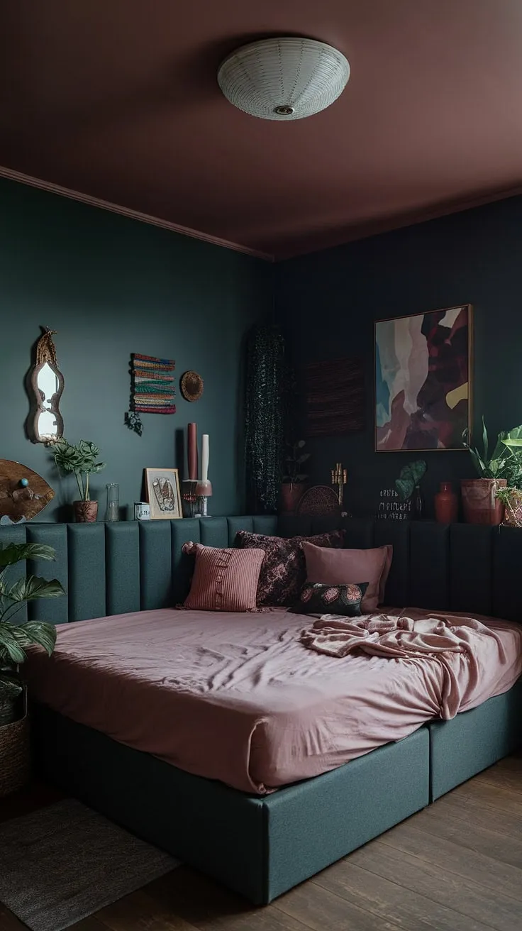 This moody eclectic bedroom features a corner bed against a dark green wall, complemented by a dusty rose ceiling and an array of decorative items, creating a captivating dark green maximalist space.