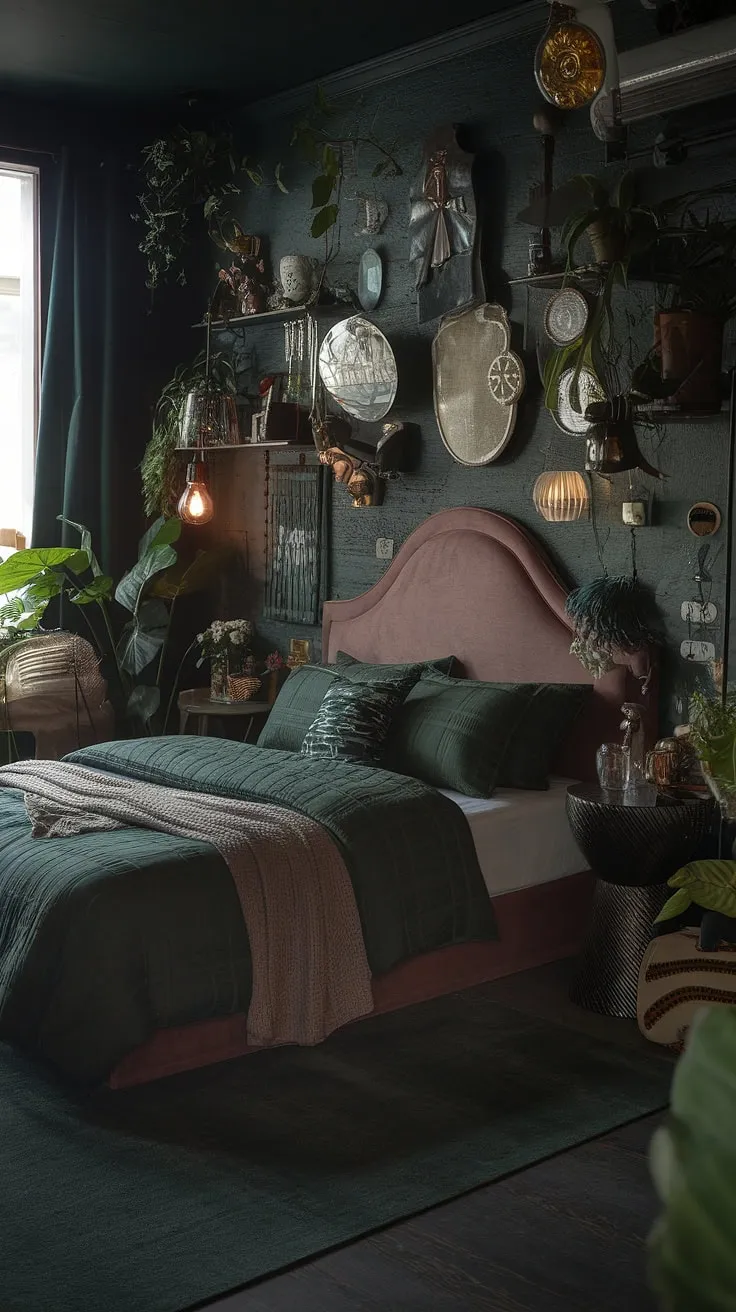 This moody eclectic bedroom features a corner bed wall idea with a dark green maximalist theme, complemented by a dusty rose headboard and vintage decor, creating a cozy dark ambiance at night.