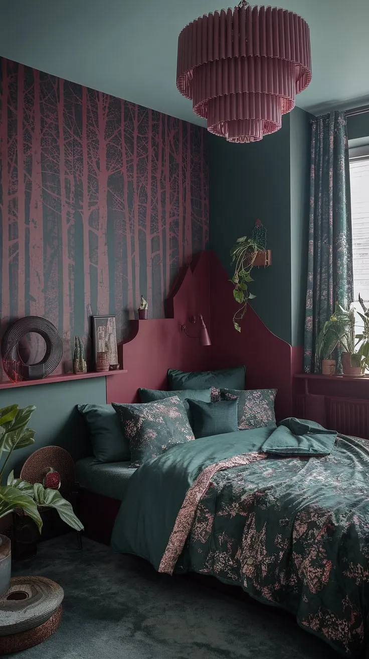 This moody eclectic bedroom features a dark green and dusty rose color scheme with a cranberry accent wall, corner bed against a dark green wall, and maximalist decor that creates a cozy, inviting atmosphere.