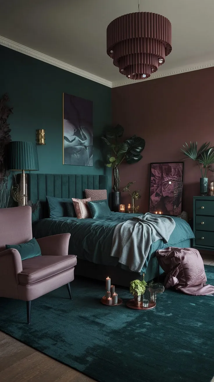 This moody eclectic bedroom showcases a dark green maximalist design with a corner bed against a dusty rose accent wall, complemented by a dark green lamp, dresser, and rug, creating a cozy atmosphere filled with plants and soft lighting.