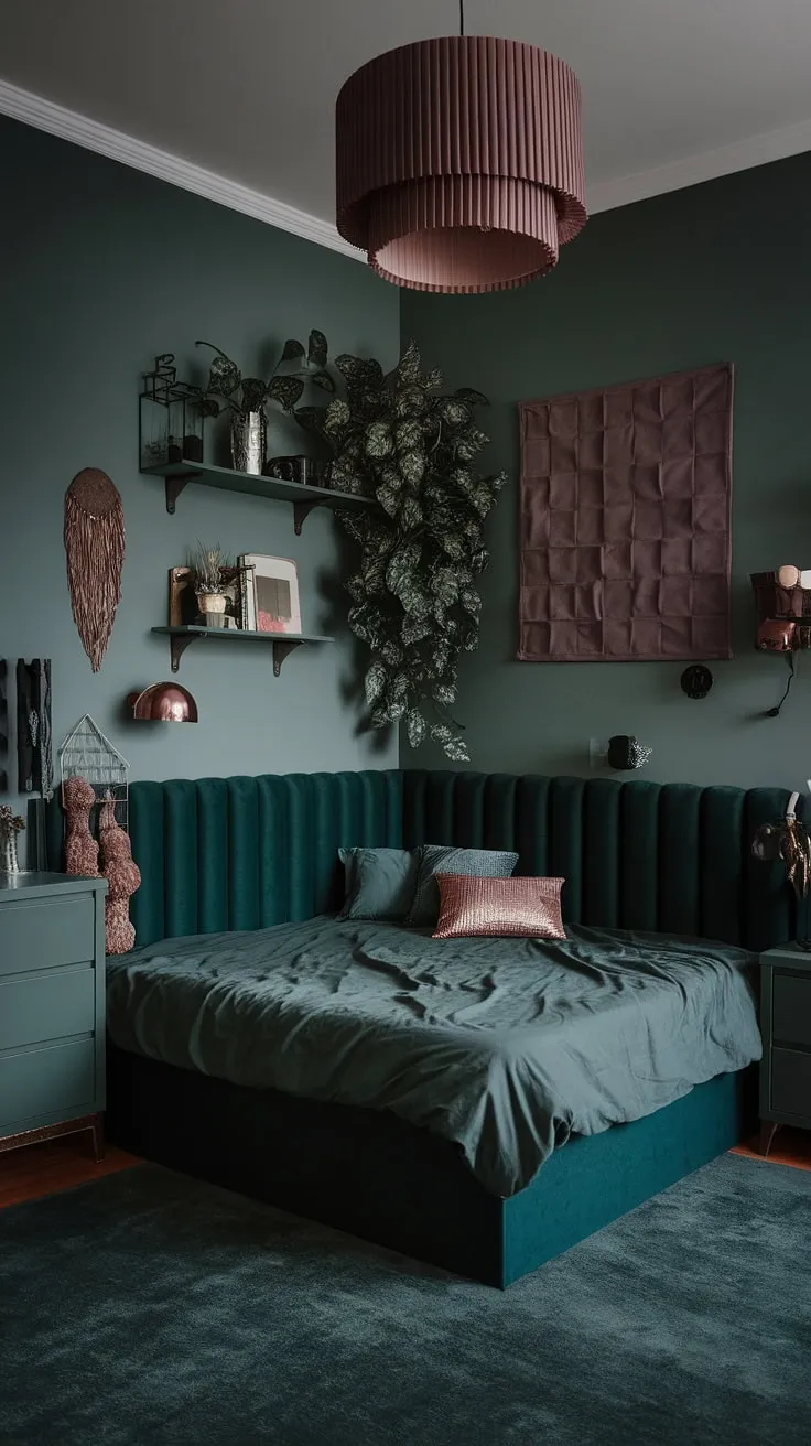This moody eclectic bedroom showcases a dark green maximalist theme with a corner bed, dusty rose accents, and a cozy atmosphere perfect for a dark bedroom at night.