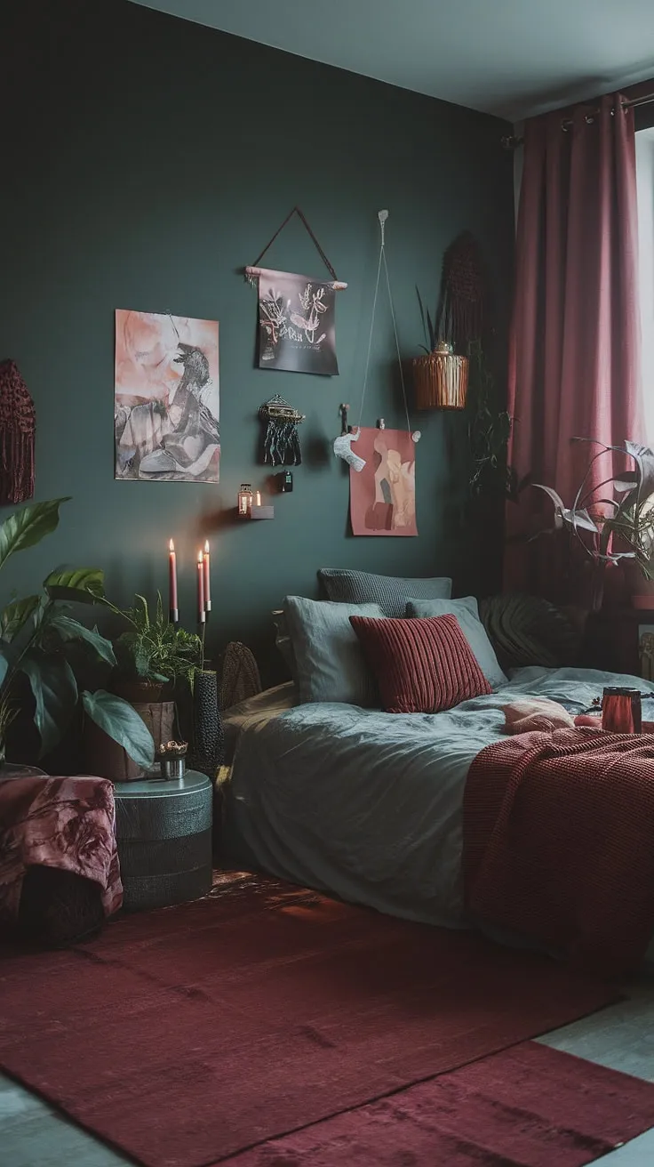 This moody eclectic bedroom features a corner bed wall idea with a dark green maximalist theme, accented by dusty rose decor, a cranberry rug, and soft lighting that creates a cozy atmosphere at night.