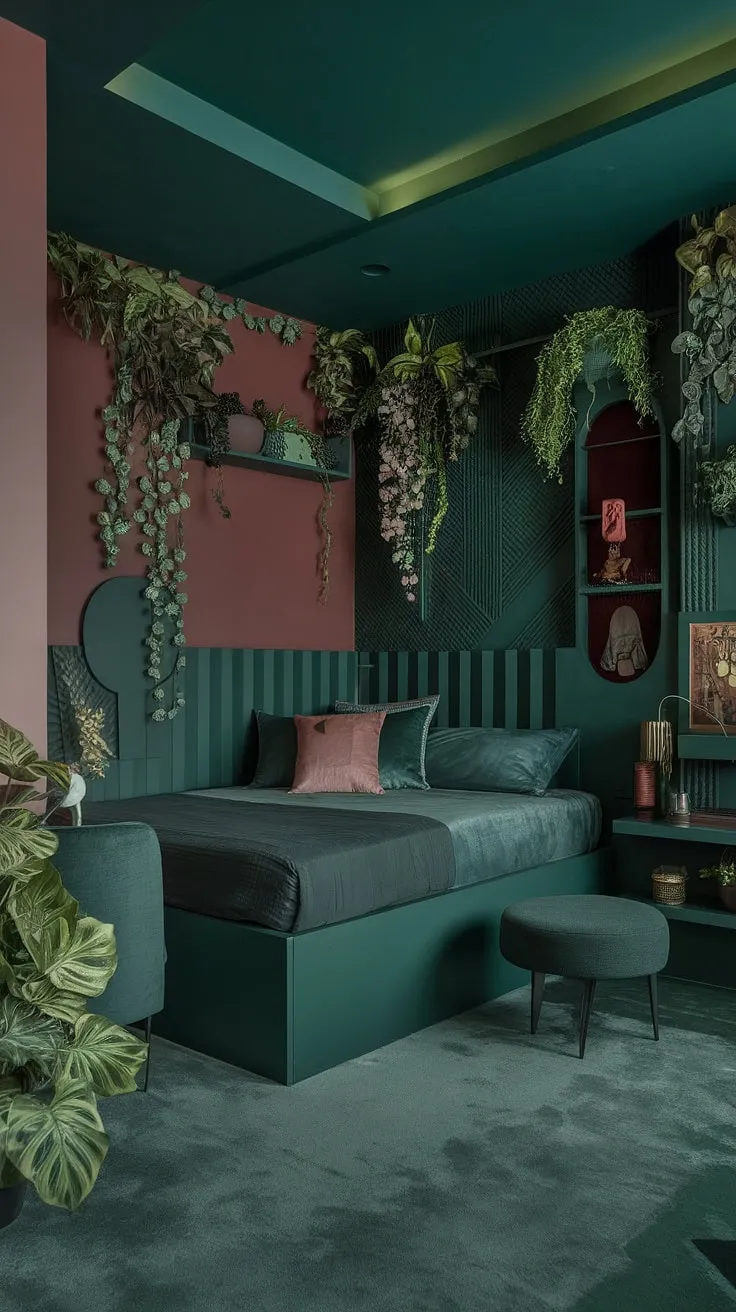 The dark green and dusty rose color scheme in this moody maximalist bedroom, complete with a corner bed and lush greenery, evokes a cozy atmosphere perfect for a dark bedroom at night.