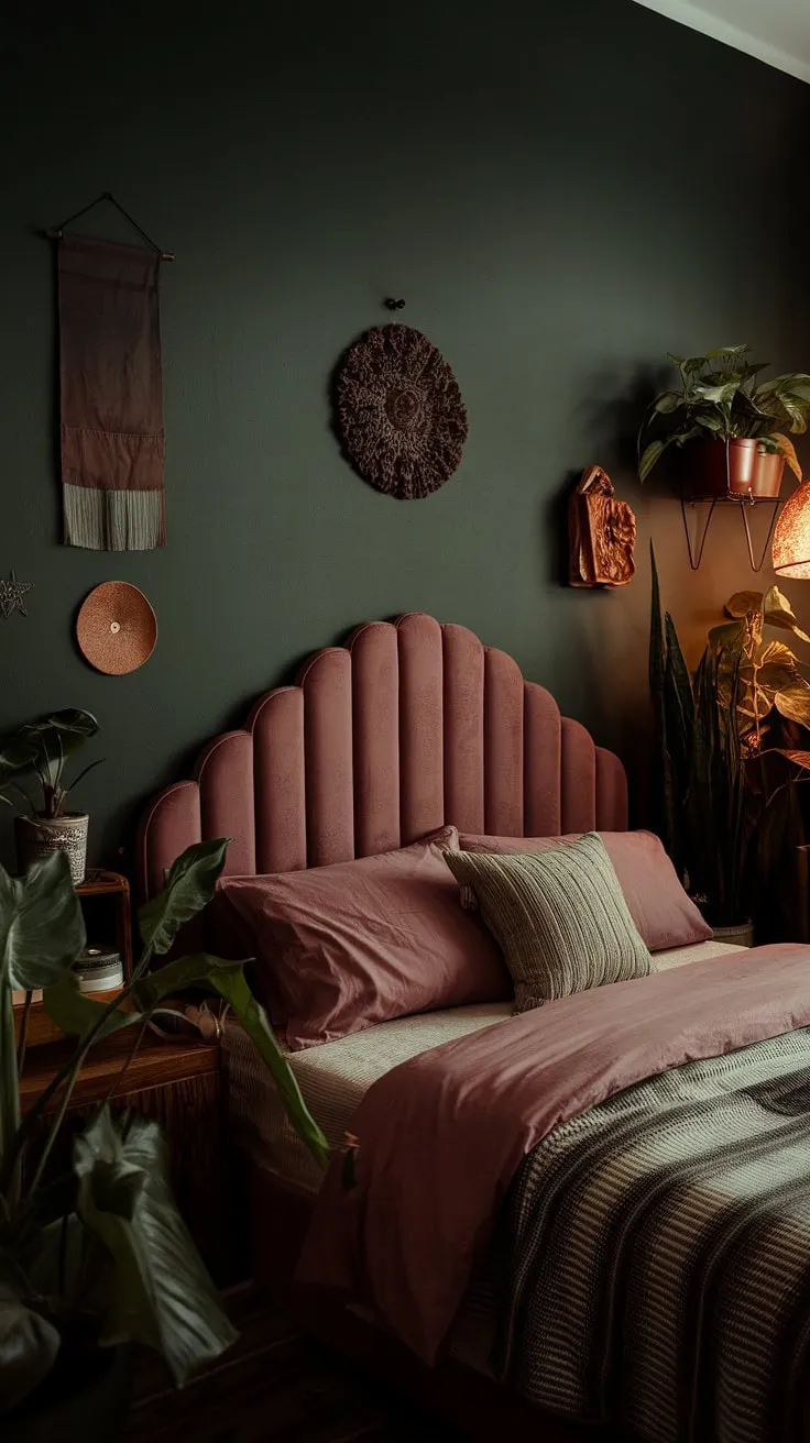 A moody eclectic bedroom featuring a dark green wall and corner bed, accented by a dusty rose headboard and warm decor, creates a cozy atmosphere perfect for a modern forest vibe.