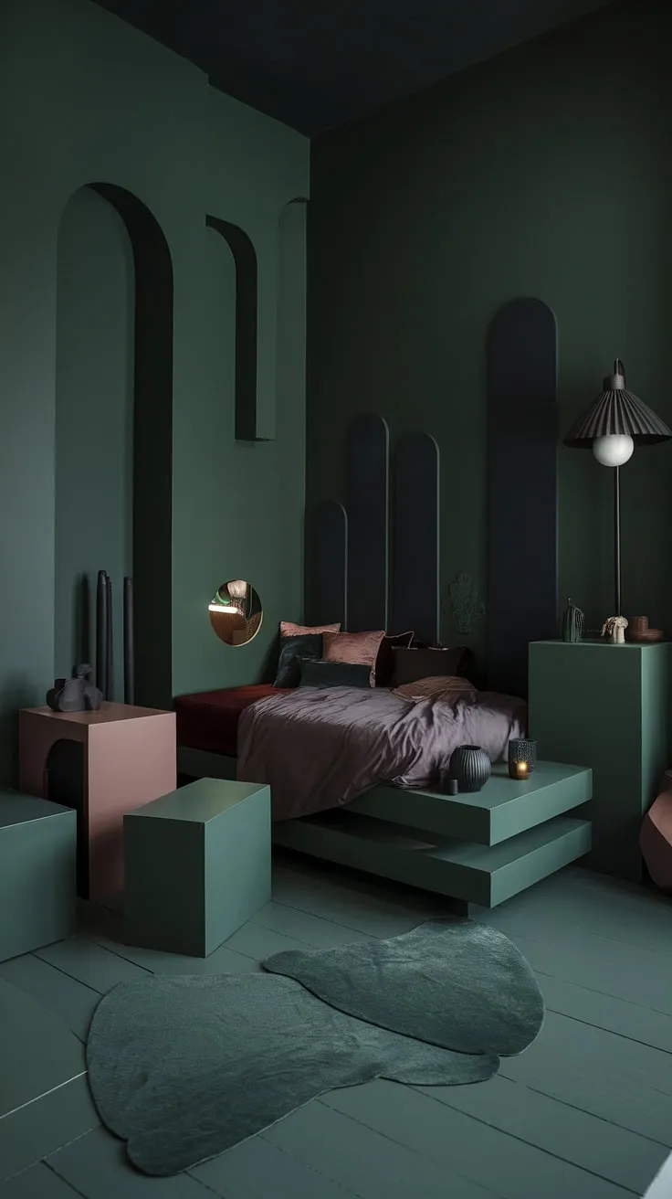 The dark bedroom at night showcases a captivating blend of moody electric elements and cranberry bedroom ideas, perfect for a stylish retreat.