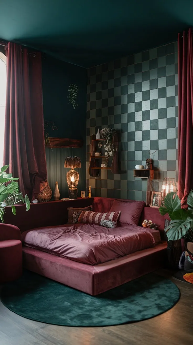 This moody eclectic bedroom features a dark green wall with a corner bed dressed in dusty rose, surrounded by vibrant decor like a cranberry chair and a large plant, creating a cozy modern forest vibe.