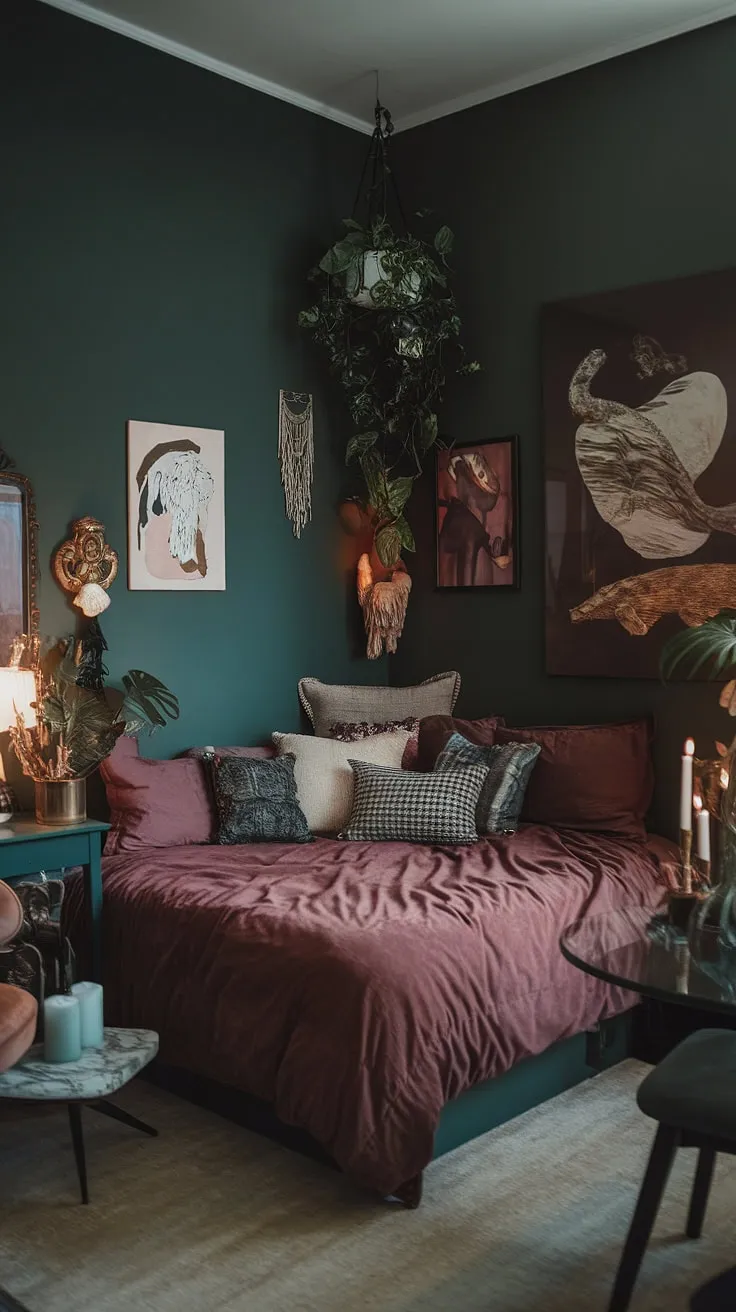 The dark green maximalist bedroom showcases a corner bed against a moody wall, blending cranberry and dusty rose elements for a striking nighttime ambiance.