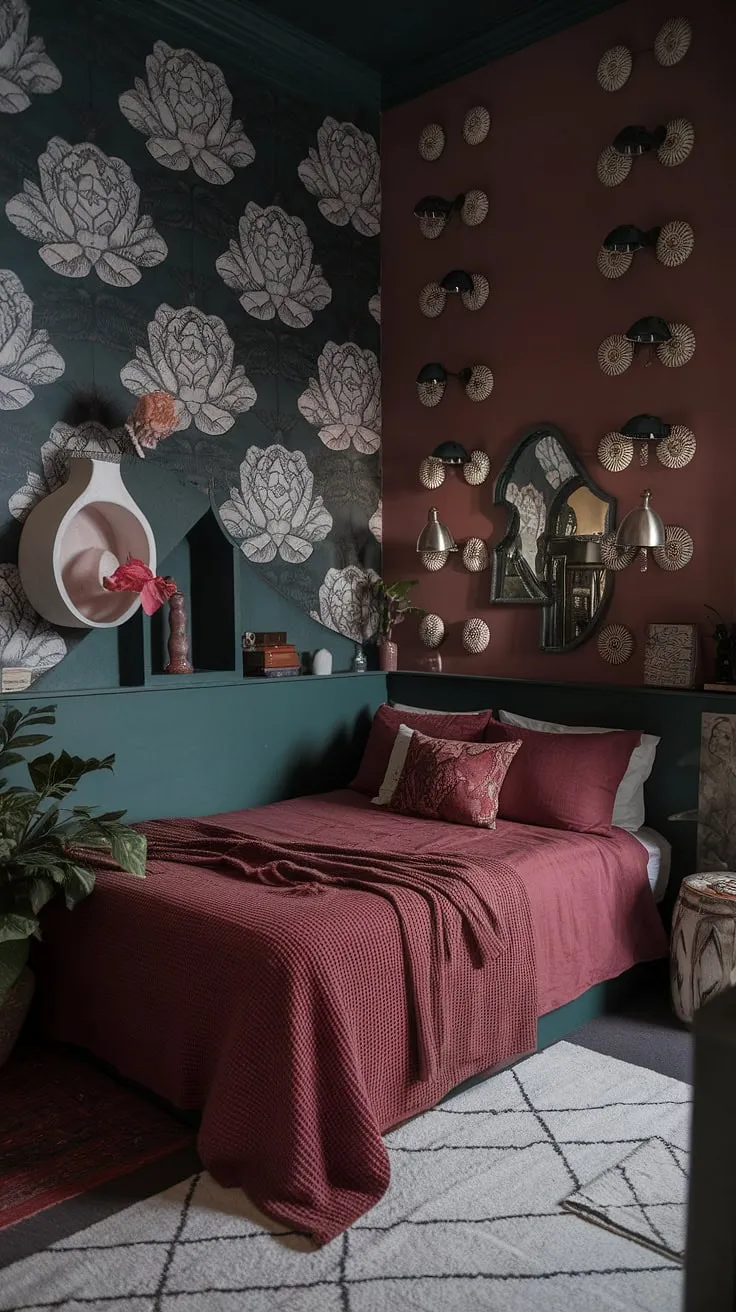 The dimly lit modern forest bedroom showcases a corner bed on a dark green wall with floral patterns, accented by cranberry and dusty rose elements for a striking moody electric atmosphere.