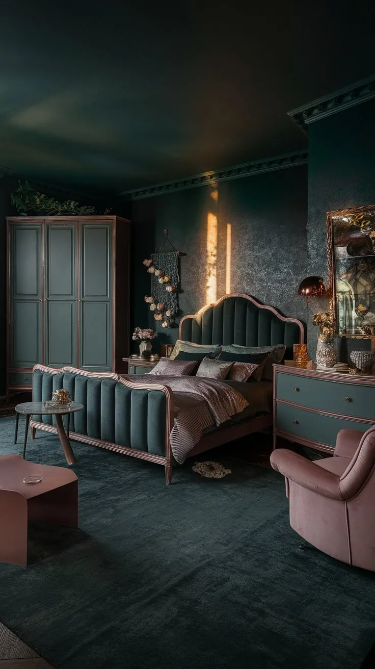The dark green maximalist bedroom features a cozy corner bed and a harmonious blend of dusty rose furniture, perfect for a moody electric atmosphere at night.