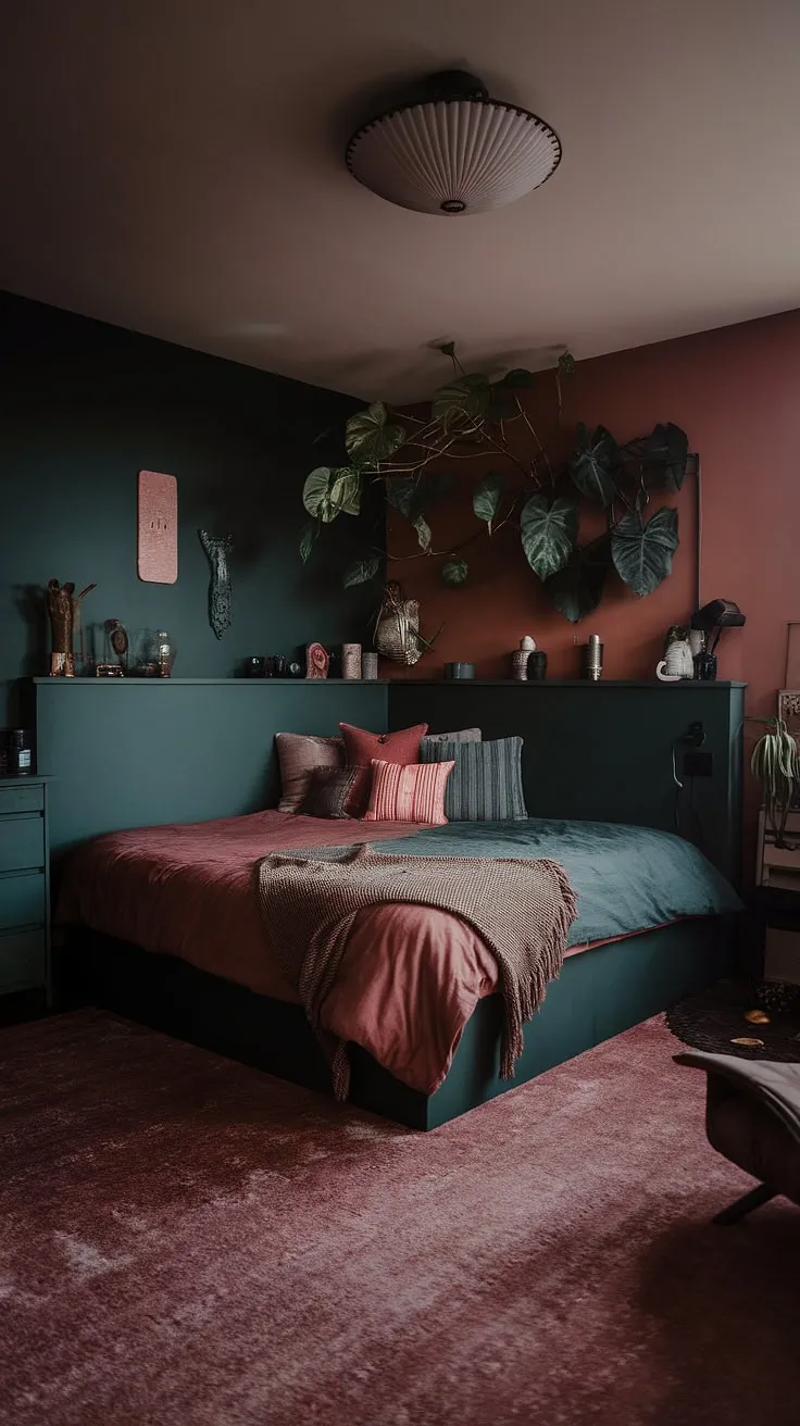 This moody eclectic bedroom features a dark green and dusty rose color scheme, with a corner bed against a dark green wall, warm lighting, and a cozy ambiance enhanced by decorative items and a large plant.