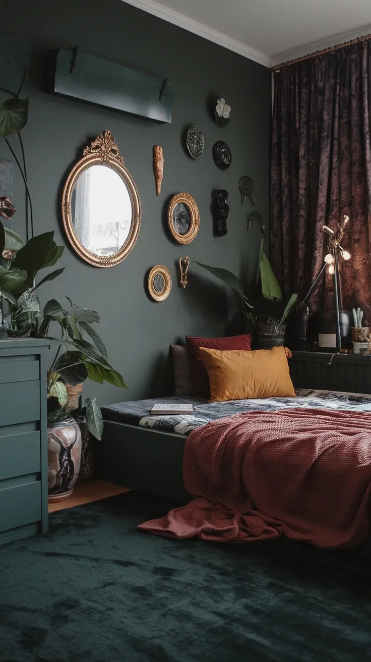 The dark green moody room features a corner bed, vibrant throw pillows, and eclectic decor, creating a captivating modern forest ambiance perfect for nighttime relaxation.
