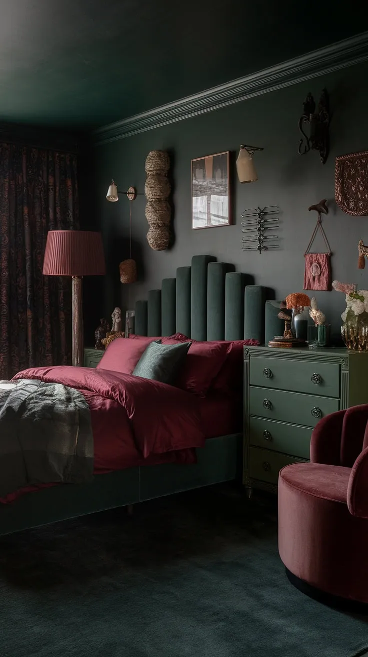 The dark green moody room features a corner bed with a striking dark green headboard, complemented by cranberry bedding and eclectic decor, embodying the essence of modern forest bedroom vibes.