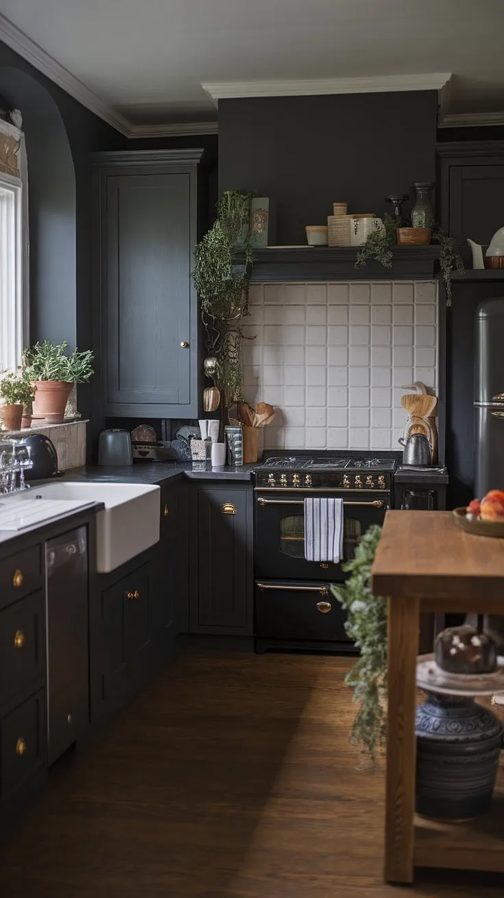 This moody farmhouse kitchen showcases dark grey and black cabinets, classic design elements, and soft lighting, making it an inspiring example of small dark kitchen ideas and dark farmhouse decor.