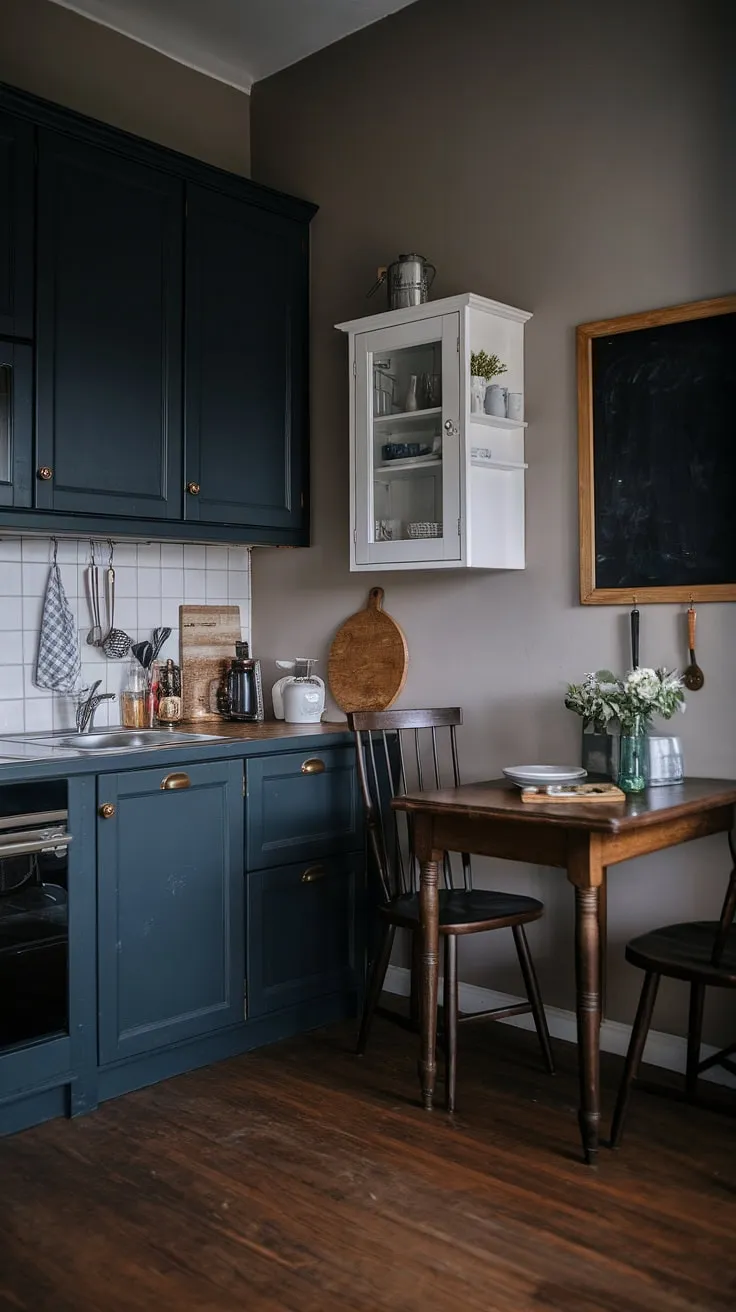 With its dark grey and black kitchen cabinets, this moody home interior showcases a classic design that beautifully highlights small dark kitchen ideas and dark farmhouse decor.